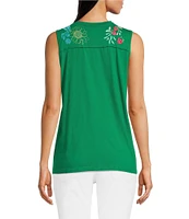 JOHNNY WAS Embroidered Floral Cotton Knit Raw Edge Detail Round Neck Henley Sleeveless Tank