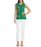 JOHNNY WAS Embroidered Floral Cotton Knit Raw Edge Detail Round Neck Henley Sleeveless Tank