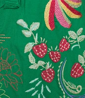 JOHNNY WAS Embroidered Floral Cotton Knit Raw Edge Detail Round Neck Henley Sleeveless Tank