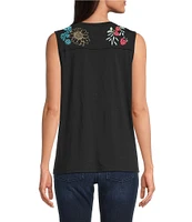 JOHNNY WAS Embroidered Floral Cotton Knit Raw Edge Detail Round Neck Henley Sleeveless Tank