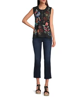 JOHNNY WAS Embroidered Floral Cotton Knit Raw Edge Detail Round Neck Henley Sleeveless Tank