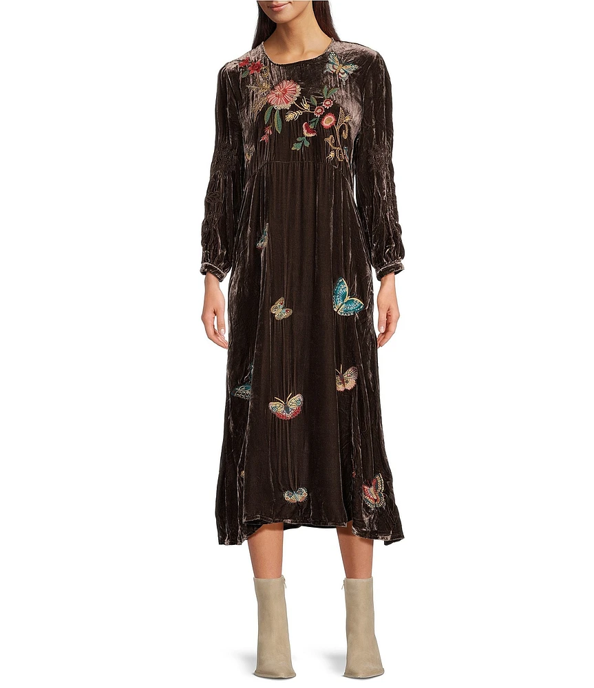 JOHNNY WAS Embroidered Floral Velvet Round Neck Long Sleeve Sheath Midi Dress