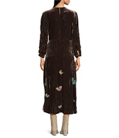 JOHNNY WAS Embroidered Floral Velvet Round Neck Long Sleeve Sheath Midi Dress