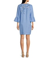 JOHNNY WAS Embroidered Linen Split V-Neck 3/4 Ruffle Sleeve Dress