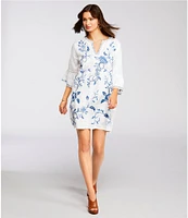 JOHNNY WAS Embroidered Linen Split V-Neck 3/4 Ruffle Sleeve Dress