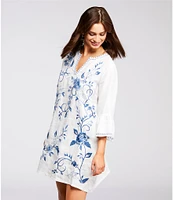 JOHNNY WAS Embroidered Linen Split V-Neck 3/4 Ruffle Sleeve Dress