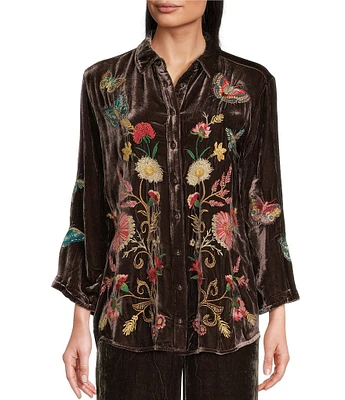 JOHNNY WAS Embroidered Velvet Floral Print Point Collar Long Kimono Sleeve Button Front Shirt