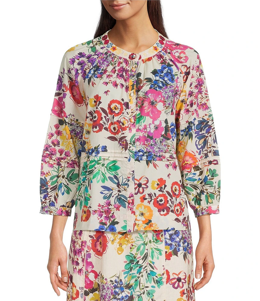 JOHNNY WAS Embroidery Pintuck Pleat Detail Mixed Floral Print V-Neck 3/4 Sleeve Cotton Coordinating Blouse