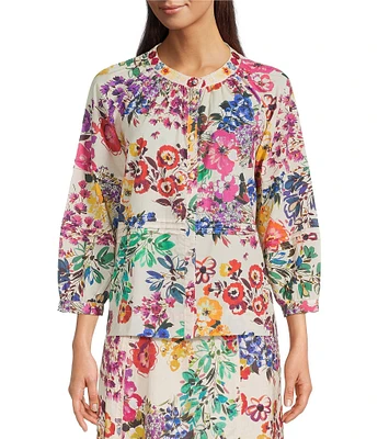 JOHNNY WAS Embroidery Pintuck Pleat Detail Mixed Floral Print V-Neck 3/4 Sleeve Cotton Coordinating Blouse