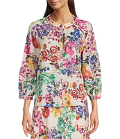 JOHNNY WAS Embroidery Pintuck Pleat Detail Mixed Floral Print V-Neck 3/4 Sleeve Cotton Coordinating Blouse