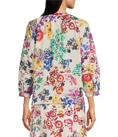JOHNNY WAS Embroidery Pintuck Pleat Detail Mixed Floral Print V-Neck 3/4 Sleeve Cotton Coordinating Blouse