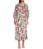 JOHNNY WAS Embroidery Pintuck Pleat Detail Mixed Floral Print V-Neck 3/4 Sleeve Cotton Coordinating Blouse