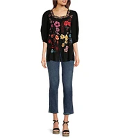 JOHNNY WAS Ennoki Placement Floral Embroidery Square Neck 3/4 Sleeve Blouse