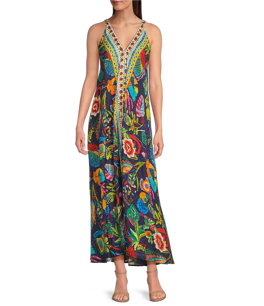 JOHNNY WAS Eva Floral Scarf Print Double V-Neck Sleeveless A-line Maxi Dress