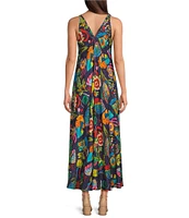 JOHNNY WAS Eva Floral Scarf Print Double V-Neck Sleeveless A-line Maxi Dress