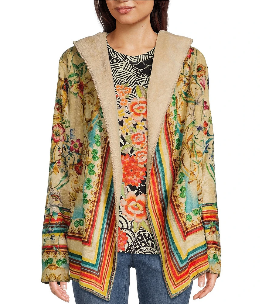 JOHNNY WAS Felix Floral Scarf Print Sherpa Knit Long Sleeve Open-Front Hooded Jacket