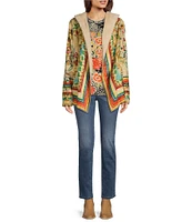 JOHNNY WAS Felix Floral Scarf Print Sherpa Knit Long Sleeve Open-Front Hooded Jacket