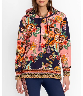 JOHNNY WAS Floral Print Cotton Stretch Knit Long Sleeve Tassel Detail Hoodie