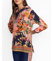 JOHNNY WAS Floral Print Cotton Stretch Knit Long Sleeve Tassel Detail Hoodie