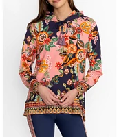 JOHNNY WAS Floral Print Cotton Stretch Knit Long Sleeve Tassel Detail Hoodie