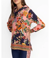 JOHNNY WAS Floral Print Cotton Stretch Knit Long Sleeve Tassel Detail Hoodie
