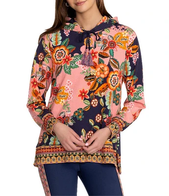 JOHNNY WAS Floral Print Cotton Stretch Knit Long Sleeve Tassel Detail Hoodie