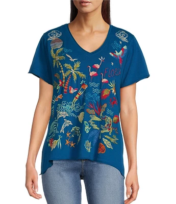 JOHNNY WAS Florida Every Day Embroidered Knit V-Neck Short Sleeve High-Low Hem Tee