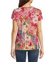 JOHNNY WAS Frame Relaxed Bamboo Stretch Knit Floral Print Crew Neck Short Dolman Sleeve Tee Shirt