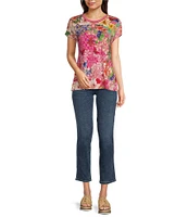 JOHNNY WAS Frame Relaxed Bamboo Stretch Knit Floral Print Crew Neck Short Dolman Sleeve Tee Shirt