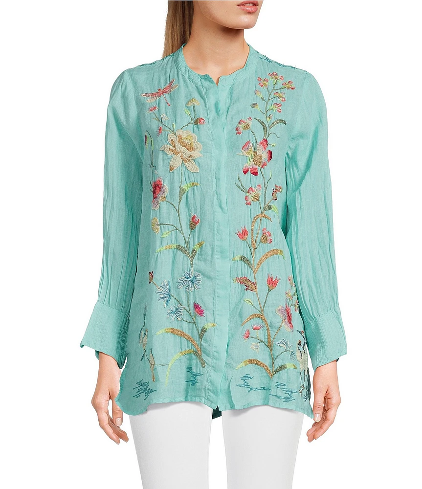 JOHNNY WAS Geniveve Voyager Banded Split V-Neck Long Sleeve Embroidered Tunic