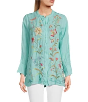 JOHNNY WAS Geniveve Voyager Banded Split V-Neck Long Sleeve Embroidered Tunic