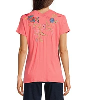 JOHNNY WAS Georgia Floral Embroidered Cotton Knit Button Detail V-Neck Short Sleeve Tee