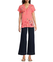 JOHNNY WAS Georgia Floral Embroidered Cotton Knit Button Detail V-Neck Short Sleeve Tee
