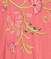 JOHNNY WAS Georgia Floral Embroidered Cotton Knit Button Detail V-Neck Short Sleeve Tee