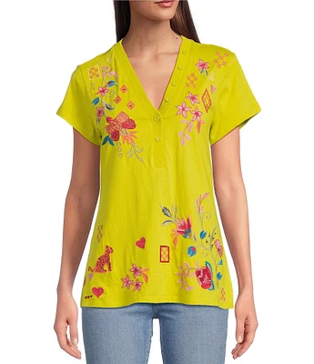 JOHNNY WAS Georgia Floral Embroidered Cotton Knit Button Detail V-Neck Short Sleeve Tee