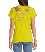 JOHNNY WAS Georgia Floral Embroidered Cotton Knit Button Detail V-Neck Short Sleeve Tee