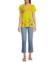 JOHNNY WAS Georgia Floral Embroidered Cotton Knit Button Detail V-Neck Short Sleeve Tee