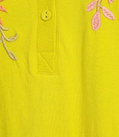 JOHNNY WAS Georgia Floral Embroidered Cotton Knit Button Detail V-Neck Short Sleeve Tee