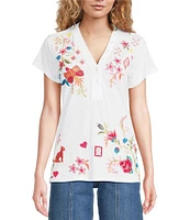 JOHNNY WAS Georgia Floral Embroidered Cotton Knit Button Detail V-Neck Short Sleeve Tee