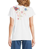 JOHNNY WAS Georgia Floral Embroidered Cotton Knit Button Detail V-Neck Short Sleeve Tee