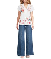 JOHNNY WAS Georgia Floral Embroidered Cotton Knit Button Detail V-Neck Short Sleeve Tee