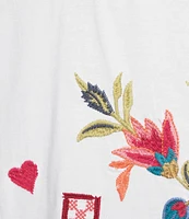 JOHNNY WAS Georgia Floral Embroidered Cotton Knit Button Detail V-Neck Short Sleeve Tee