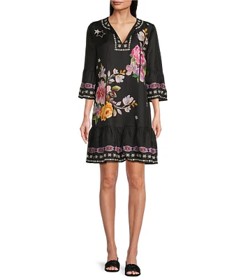 JOHNNY WAS Hailee Placement Floral Print Split V-Neck 3/4 Bell Sleeve Ruffle Hem Shift Dress