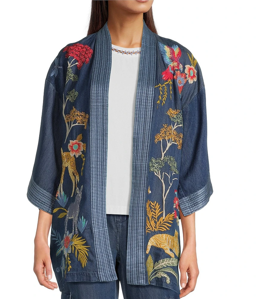 JOHNNY WAS Jane Lightweight Denim Embroidered Open Front 3/4 Bell Sleeve Kimono Jacket