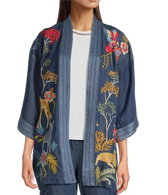 JOHNNY WAS Jane Lightweight Denim Embroidered Open Front 3/4 Bell Sleeve Kimono Jacket