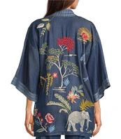 JOHNNY WAS Jane Lightweight Denim Embroidered Open Front 3/4 Bell Sleeve Kimono Jacket