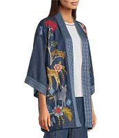 JOHNNY WAS Jane Lightweight Denim Embroidered Open Front 3/4 Bell Sleeve Kimono Jacket