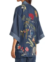 JOHNNY WAS Jane Lightweight Denim Embroidered Open Front 3/4 Bell Sleeve Kimono Jacket