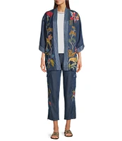 JOHNNY WAS Jane Lightweight Denim Embroidered Open Front 3/4 Bell Sleeve Kimono Jacket