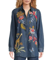 JOHNNY WAS Jane Lightweight Denim Placement Embroidery Point Collar Half-Zip Long Sleeve Shirt Tunic